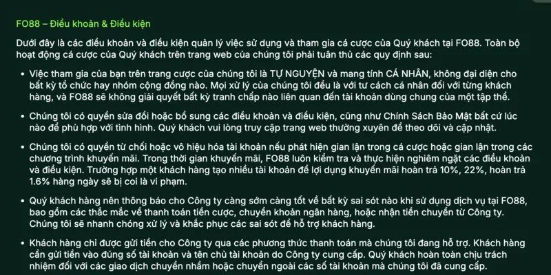 Điều khoản FO88 chung về việc đặt cược trong game